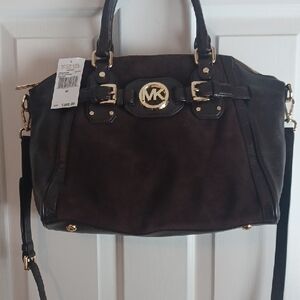 Michael Kors Dark Brown Suede Satchel with Gold Accents